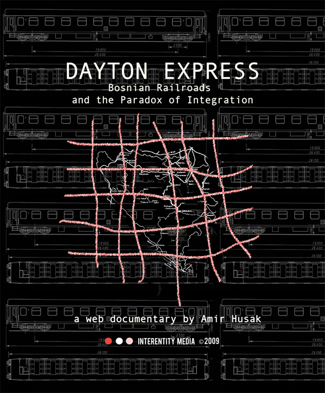 Documentary poster. Rough hand drawn grid overlaying map with background of train diagrams.