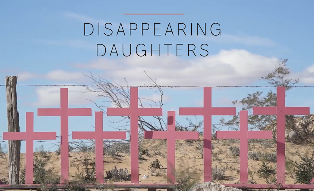 Disappearing Daughters written above pink crosses standing along a fence in the desert.
